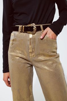 Elevate your party attire with our Glamorous Gold Straight Leg Jeans, a dazzling fashion statement that combines comfort and high-style. Radiant Metallic Glow: These jeans feature a captivating gold metallic finish, perfect for adding a touch of glamour to any party or festive occasion. Premium 100% Cotton Material: Crafted from high-quality cotton, these jeans provide both comfort and a flattering drape, ensuring you look and feel great throughout your event. Flattering Straight Leg Cut: The cl Party Jeans, Tan Scarf, Gold Jeans, Metallic Jeans, Stylish Blazer, Pants Fit, Style Party, Bronze Gold, Perfect Party