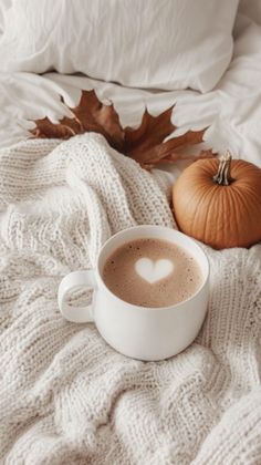 a cup of hot chocolate with a heart in the foam sits on a blanket next to a pumpkin