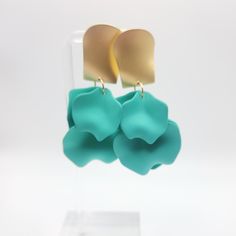 Teal And Gold Drop Petal Earrings Drop: 3" Petals Are Acrylic (Lightweight) Posts Are 925 Silver Beautiful Matte Teal Finish Gives Great Dimension To These Drop Statement Earrings. Elegant Green Flower Earrings Nickel Free, Ear Piercing Studs, Textile Earrings, Blue Chandelier, Fall Leather, Petal Earrings, Costume Jewelry Sets, Dragonfly Earrings, Pearl And Diamond Earrings