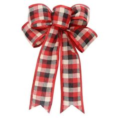 a red and white plaid bow on a white background