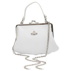 White. Made from nappa leather. Silver hardware. Signature Orb plaque detail. Clasp fastening. Main compartment with logo cotton lining. Long top handle Detachable chain-link shoulder strap. Material: Leather Measures: Height 4.7” x Length 6.7” x Depth 2.4” Drop: 21.7” Comes with: Dust bag and chain shoulder strap Condition: Excellent. White Vivienne Westwood Bag, Vivienne Westwood Bags, Expensive Bag, Robes Vintage, Teddy Boys, White Purses, Frame Bag, Leather Silver, Nappa Leather