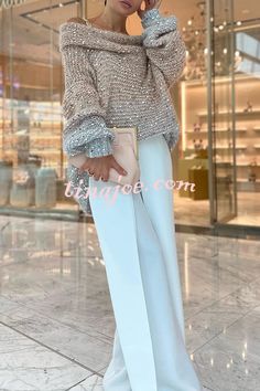 Make It Shine Knit Sequin Off Shoulder Loose Sweater Pearl Off Shoulder Sweater, Elegant Sequin Sweater, Chic Long Sleeve Knit Poncho, Elegant Long Sleeve Jacquard Knit Sweater, Elegant White Mohair Sweater, Off Shoulder Fashion, Casual Party, Loose Sweater, Trending Dresses