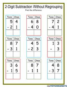 two - digit subtraction without regrouping worksheet with numbers and times