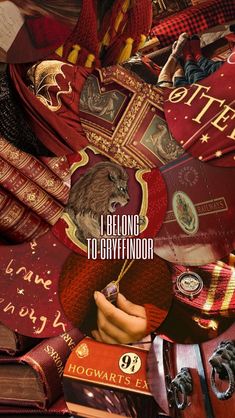 harry potter poster with hogwart's symbols, books and scarves on it