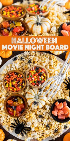 halloween movie night board with candy and candies in bowls on the plate, surrounded by pumpkins