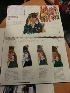 an open book with pictures of people in hats on it and writing about the history of women's hair