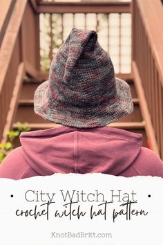 the back of a person wearing a hat with text overlay that reads city witch hat crochet stitch hat pattern