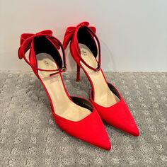 Mmjuly Satin Bow Back Stiletto Pump Heels - Red (W8.5) | Nwob Features: - Beautiful Bow Back - All Over Satin Material - Adjustable Ankle Strap - Closed Toe - Synthetic Sole Heel Height: Approx. 4” Size: Women’s 8.5 Brand New Without Box Or Tags, Never Worn, Excellent Condition Chic Heels With Red Bow, Red Fitted Heels With Heel Strap, Fitted Red Heels With Heel Strap, Evening Heels With Red Bow And Pointed Toe, Party Heels With Red Bow And Round Toe, Chic High Heels With Red Bow, Chic Evening Heels With Red Bow, High Heels With Red Bow, Winter Gala