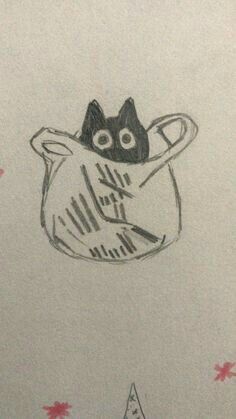 a drawing of a cat in a teapot with stars on the floor behind it