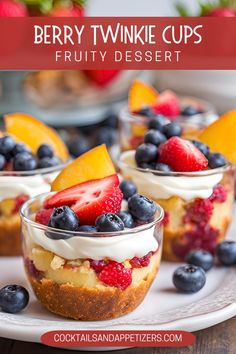 berry twinkie cups with whipped cream and fresh fruit in the middle on a white plate