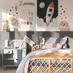 a child's bedroom with toys on the bed and in the background is a rocket ship