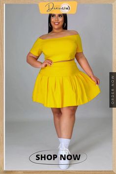 Women Solid Off Shoulder Short Sleeve Crop Tops Pleated A-line Mini Skirts Summer 2 Piece Sets A-line Summer Skort, Casual Solid Two-piece Skirt, Spring Two-piece Solid Skirt, Casual Yellow A-line Skirt, Mini Skirt Summer, A Line Mini Skirt, Short Sleeve Cropped Top, Piece Dress, Two Piece Dress