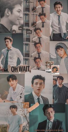 the collage shows many different pictures of young men in suits and ties, with words written on them