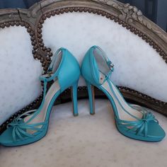 Sz 7 Us Aqua Color Leather Heels With T Strap And Buckle On The Side. Nwot 4 Inch Heel Blue Party Heels With Removable Insole, Fitted Blue Heels With Removable Insole, Blue Almond Toe Heels With Heel Strap, Aqua Color, 4 Inch Heels, T Strap, Strappy Heels, Leather Heels, Shoes Women Heels