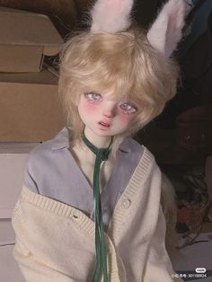 a doll with blonde hair and blue eyes wearing a green ribbon around its neck is posed in front of a box