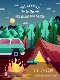 a camping poster with a camper and tent in the woods