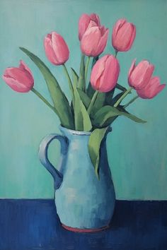 a painting of pink tulips in a blue vase