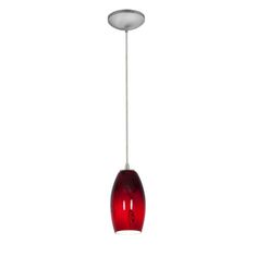 a red glass light hanging from a ceiling