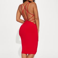 New With Tag. Sexy Midi Dress Red Fitted Spaghetti Strap Backless Dress, Red Fitted Backless Dress With Spaghetti Straps, Red Spaghetti Strap Backless Dress For Date Night, Backless Red Midi Dress For Party, Flirty Red Backless Dress For Date Night, Red Backless Mini Dress For Club, Red Strappy Back Party Dress, Fitted Red Backless Dress For Club, Chic Red Backless Mini Dress