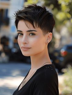 Pixie Haircut Short Sides, Back Of Undercut Pixie, Pixie Hairstyles Dark Hair, Short Pixie Haircuts Brunette, Dark Hair Pixie Haircut, Pixie Cut 2024, Very Short Hair Women, Summer Pixie Cut, Tapered Pixie Haircut