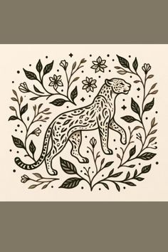 a black and white drawing of a cheetah surrounded by leaves, flowers and stars