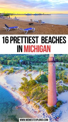 the beach in michigan with text overlay that reads 16 prettiest beaches in michigan