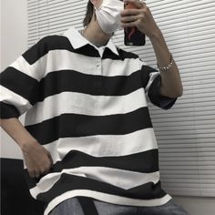 Big Striped Loose Oversize Polo Collar Shirt – Tomscloth Oversized Polo Shirt Outfit, College Couple, Polo Shirts For Women, Y2k Kawaii, Polo Shirt Outfits, Oversized Polo, Full Sleeve Tshirt, Oversized Tee Shirt, Stripe Outfits