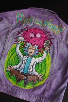 Rick and Morty Diy Rick And Morty, Rick And Morty Jacket, Rick And Morty Tshirt, Rick And Morty Hat, Rick And Morty Painting, Denim Jacket Diy Paint, Jean Jacket Design, Harley Quinn Drawing, Diy Denim Jacket