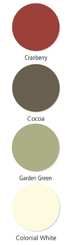 four different shades of paint with the words cranberry, cocoa, garden green and colonial white