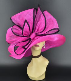 "✿*.Key Features: 100% high quality Sinamay woven material, wide brim with Jumbo bows. It's more beautiful in person! Light and comfortable! Great for Kentucky derby, weddings, Royal Ascot, horse races, cocktails, tea party, or any hat wearing occasion. Hat base size: From front to back appr: 20.5\" (52cm) From left to right appr: 21.25\" (54cm) Wide brim Appr: 7~8\" Head girth: 22.5\" (57cm) , adjustable string inside to make smaller to fit your head. If you want other colors in this style, jus Red Short Brim Sun Hat For Party, Pink Flat Brim Party Hat, Pink Party Hat With Flat Brim, Elegant Pink Beach Hat, Pink Flat Brim Sun Hat For Party, Sinamay Straw Hat With Curved Brim For Party, Party Style Sinamay Straw Hat With Short Brim, Party Straw Hat With Short Brim Made Of Sinamay, Pink Wide Brim Sun Hat For Party