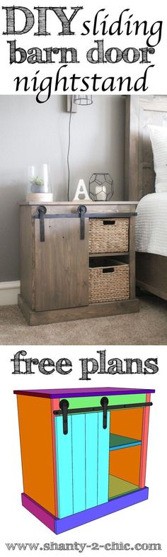 two different types of storage cabinets with the words diy sliding barn door nightstand