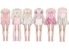 a group of dolls standing next to each other on a white background in different outfits