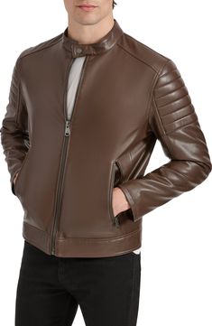 Ride off into the sunset in this sleek moto jacket expertly crafted from faux leather. 26 1/2" length Front zip closure Band collar Front zip pockets Lined 100% rayon with 100% polyurethane coating Spot clean Imported Fall Leather Biker Jacket With Ykk Zipper, Leather Jacket With Zipper For Fall, Leather Jacket With Zipper Closure For Fall, Spring Faux Leather Biker Jacket With Pockets, Leather Jacket With Asymmetrical Zip And Zipper Closure, Solid Biker Outerwear With Zipper Closure, Biker Style Solid Outerwear With Zipper Closure, Fall Leather Biker Jacket With Zip Fly, Leather Biker Jacket With Zip Closure For Fall