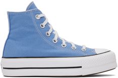 High-top canvas sneakers in blue. · Rubber cap toe · Lace-up closure · Eyelet vents at inner side · Logo patch at inner side · Rubberized logo patch at heel · EVA rubber platform midsole · Treaded rubber outsole · Platform: H2 in Supplier color: Royal pulse/Black/White Cool Converse, Blue High Tops, Blue Converse, Outfits With Converse