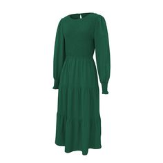 Green Crew Neck Smocked Swing Midi Dress Green Casual Smocked Dress For Fall, Green Smocked Long Sleeve Dress For Fall, Green Long Sleeve Smocked Dress For Fall, Casual Solid Smocked Midi Dress, Casual Solid Color Smocked Midi Dress, Casual Solid Smock Midi Dress, Solid Smocked Long Sleeve Dress, Solid Color Long Sleeve Smocked Dress With Smocked Cuffs, Solid Long Sleeve Smocked Dress