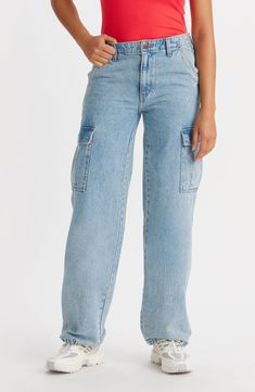 A high-rise waist complements the slouchy silhouette of these non-stretch jeans styled with cargo pockets for a utilitarian edge. Zip fly with button closure Front slant pockets; back flap-patch pocket; cargo flap-patch pockets 100% cotton Machine wash, tumble dry Imported Trendy Elevated Casual Cargo Jeans With Pockets, Everyday Mid-rise Cargo Jeans In Medium Wash, Everyday Mid-rise Medium Wash Cargo Jeans, Light Wash Straight Leg Cargo Jeans With Pockets, Urban High Rise Cargo Jeans With Multiple Pockets, Everyday Medium Wash Cargo Jeans, Utility High Rise Cargo Jeans For Streetwear, Utility High-rise Cargo Jeans For Streetwear, High Rise Utility Cargo Jeans For Streetwear