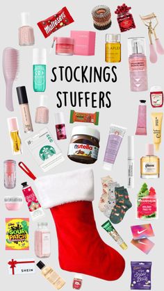 a christmas stocking with the words stockings stuff on it and various items around it