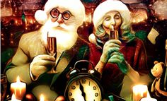 two santa clauss are holding champagne in front of an alarm clock