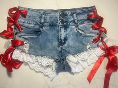 Red White & Blue Jean Washed Short Shorts, Adjustable Red Ribbon Sides, Adorned With White Lace Size:6 Waist: 28" Rise: 12.5" Length: 8" Jean Shorts And Shirt Outfit, Red Jean Shorts Outfit, Bling Shorts, Fitted Red Denim Bottoms, Red Fitted Denim Bottoms, Red Mid-rise Shorts For Spring, Red Spring Short Pants, Red High Waist Denim Jean Shorts, High Waist Red Denim Jean Shorts