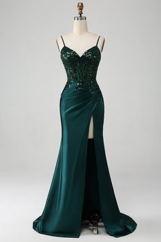 ZAPAKA Women Sparkly Dark Green Prom Dress Mermaid Spaghetti Straps Pleated Corset Party DressWith Slit Green Prom Dress Mermaid, Dark Green Prom Dress, Dark Green Prom Dresses, Corset Prom Dress, Prom Dress Inspo, Green Wedding Dresses, Green Formal Dresses, Dark Green Dress, Green Mermaid