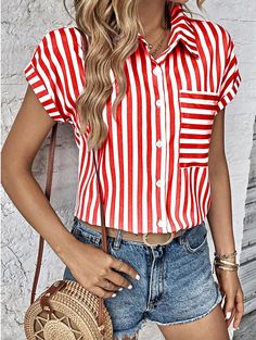 Camisa Blusa Mujer Negro Rosa Rojo Rayas Botón Bolsillo Estampado Diario Elegante Escote en Pico Ajuste regular S 2024 - $21.99 Womens Basic Tops, Shirt Blouses Women's, Online Tops, Fashion Colours, Cotton Style, Stripe Print, Pink Red, Shirt Online, Red And Blue