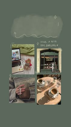 a collage of photos with coffee cups, laptop and other things on the table