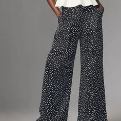 Polka Dot Wide Leg Pants. Never Worn. Elegant Polka Dot Bottoms For Workwear, Elegant Polka Dot Bottoms For Work, Polka Dot Wide Leg Bottoms With Pockets, Chic Polka Dot Bottoms For Spring, Chic High Waist Polka Dot Bottoms, Polka Dot Fitted Bottoms For Workwear, Polka Dot Fitted Bottoms For Work, Chic Polka Dot Fitted Pants, Chic Fitted Polka Dot Pants