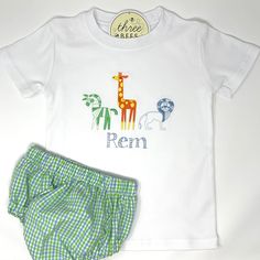 Our Zoo Trio Boys Embroidery T-shirt is perfect for your animal loving little boy. Add a name for personalization. Cute T-shirt With Machine Embroidery And Short Sleeves, Cute Machine Embroidered Short Sleeve T-shirt, Green Short Sleeve T-shirt With Custom Embroidery, Personalized Green Cotton T-shirt, Personalized Green Short Sleeve Tops, Playful Embroidered Cotton T-shirt, Playful Embroidered Short Sleeve Tops, Personalized Unisex Short Sleeve T-shirt, Trio Boys