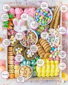 a tray filled with lots of different types of food and sweets on top of it