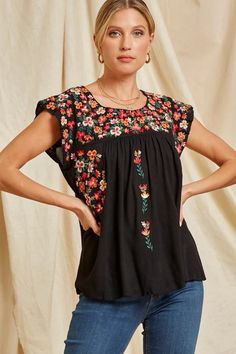 Andree by unit / Savanna Jane Flutter Sleeve Embroidered Top, Black – Violet Skye Boutique Jane Clothing, Colorful Embroidery, Western Tops, Casual Tunics, The Vibe, Large Bust, Flutter Sleeves, Cotton Blouses, Western Outfits