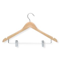 a wooden hanger with two clips on it