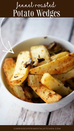 potatoes in a white bowl with text overlay that reads how to make roasted potato wedges