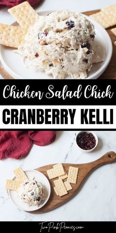 Text that says Chicken Salad Chick Cranberry Kelli above and below the text are images of chicken salad with cranberries in it. There are crackers beside the chicken salad. Fresh Market Chicken Salad Recipe, Copycat Chicken Salad Chick, Cranberry Chicken Salad Recipe, Copycat Chicken Salad, Recipe For Chicken Salad, Pickled Beet Salad