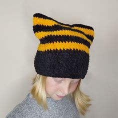 Cat Ears Beanie Crochet, Crochet Striped Beanie, Beanie With Cat Ears, Cat Ears Beanie, Halloween Cat Ears, Halloween Beanie, Cat Ear Beanie, Beanie With Ears, Orange Beanie